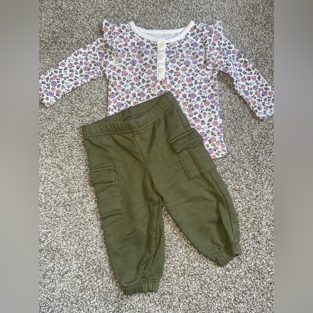 6M Carters Floral Long Sleeve and Olive Green Pants Set